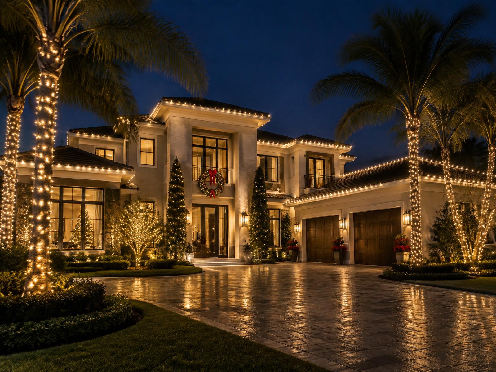 Luxury Florida home decorated with professional warm white Christmas lights